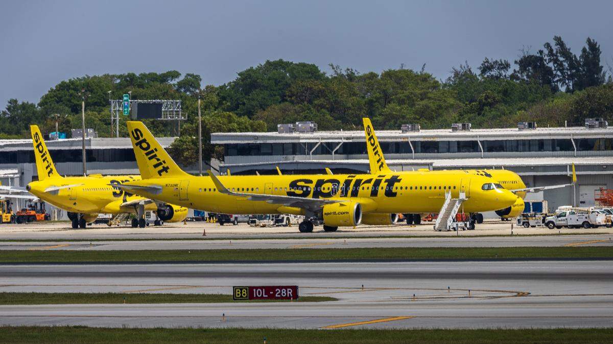 Airplanes from Spirit Airlines seen grounded at Fort Lauderdale-Hollywood International Airport after the airline ceased operations overnight on Saturday, May 2, 2026.
