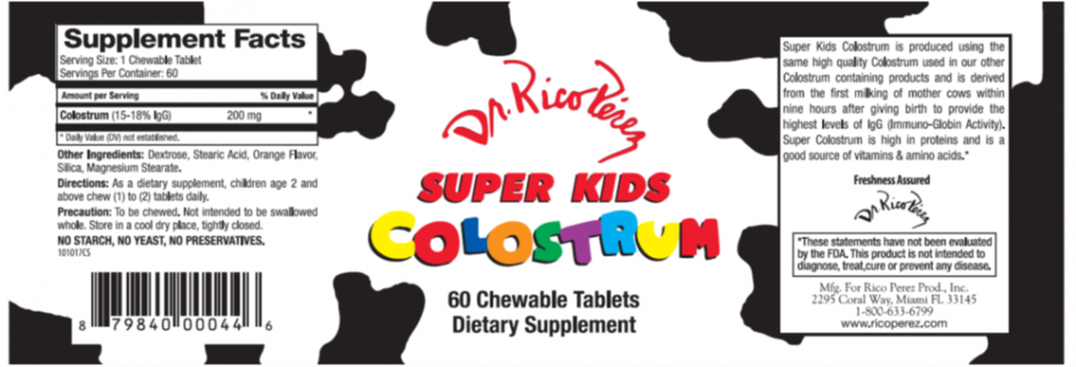 The label for the recalled Dr. Rico Perez Super Kids Colostrum