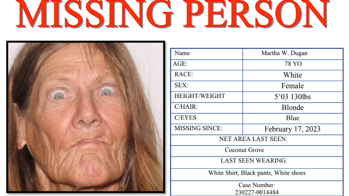 Martha W. Dugan, 78, was last seen in the area of Coconut Grove on Feb. 17, 2023, police say.