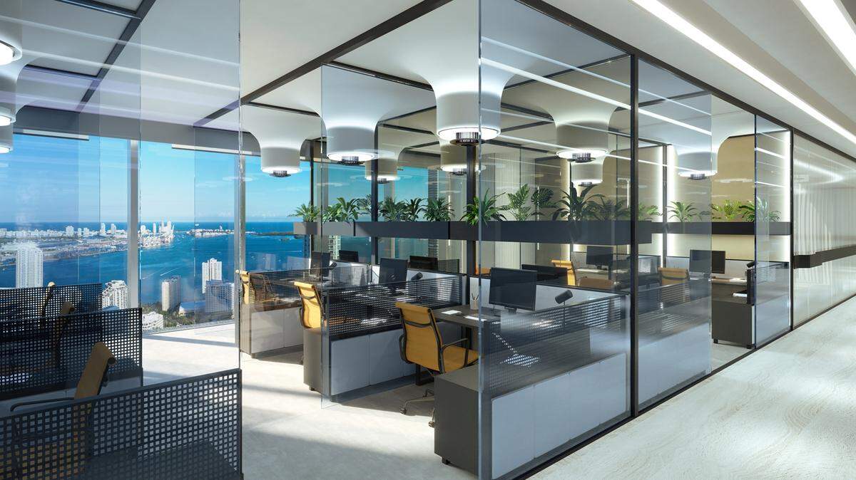 Representación de un espacio de oficinas en 830 Brickell, una nueva torre de oficinas de clase A-plus en fase de urbanización por OKO Group y Cain International. Los responsables del proyecto esperan atraer a empresas recién llegadas o en expansión al sur de la Florida.
