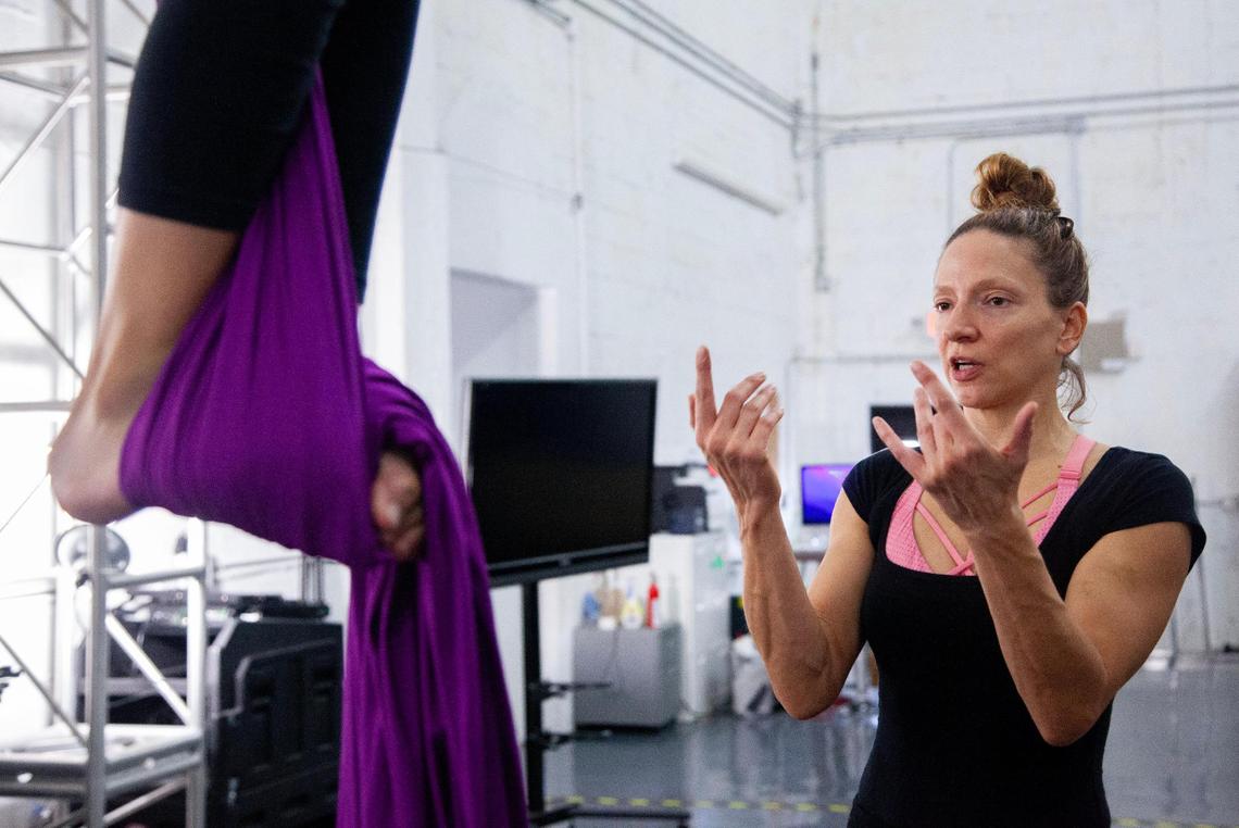 Mila Puletti coaches a summer camper on the Russian climb method at the Miami Circus Arts Center on July 6, 2023, in Miami, Fla. “I love to teach kids here especially because many of the kids we have - You can see the progression of them, too. And when you go to transmit them something, and you see them growing. I mean, it’s beautiful.”