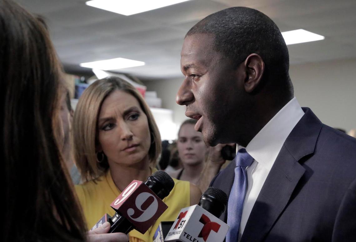 The Democratic nominee for Florida governor, Tallhassee Mayor Andrew Gillum, speaks to the media after his speech at a rally at The International Union of Painters & Allied Trades Local 1010 in Orlando on Aug. 31, 2018.