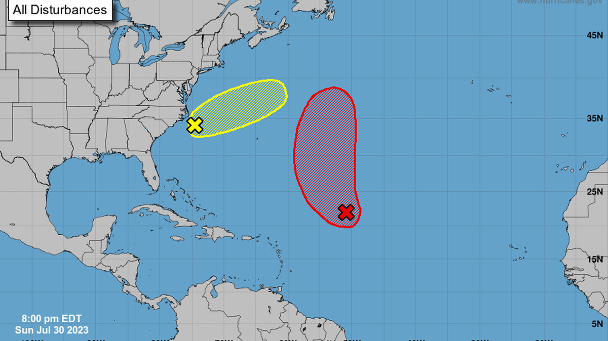 One of two disturbances in the Atlantic has a high chance of developing into a tropical depression in the next dew days, the National Hurricane Center said in its 9 p.m. advisory on July 30, 2023.