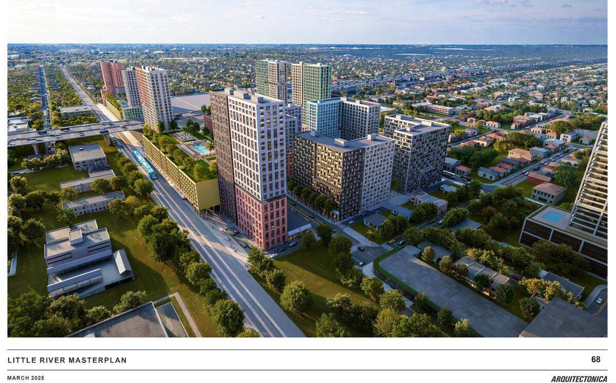 A rendering from the Swerdlow Group shows an overview of a massive project that would bring 5,700 high-rise affordable and workforce housing units, big-box stores and a new Tri-Rail commuter station to a broad swath of Miami’s Little River-Little Haiti neighborhood.