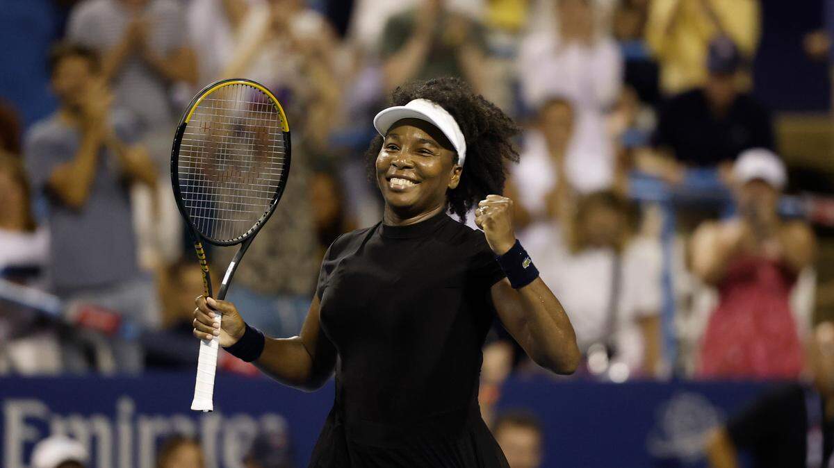Jul 22, 2025; Washington, D.C., USA; Venus Williams (USA) celebrates after match point against Peyton Stearns (USA)(not pictured) in a women’s singles match on day two of the Mubadala Citi DC Open at Rock Creek Park Tennis Center. Mandatory Credit: Geoff Burke-Imagn Images