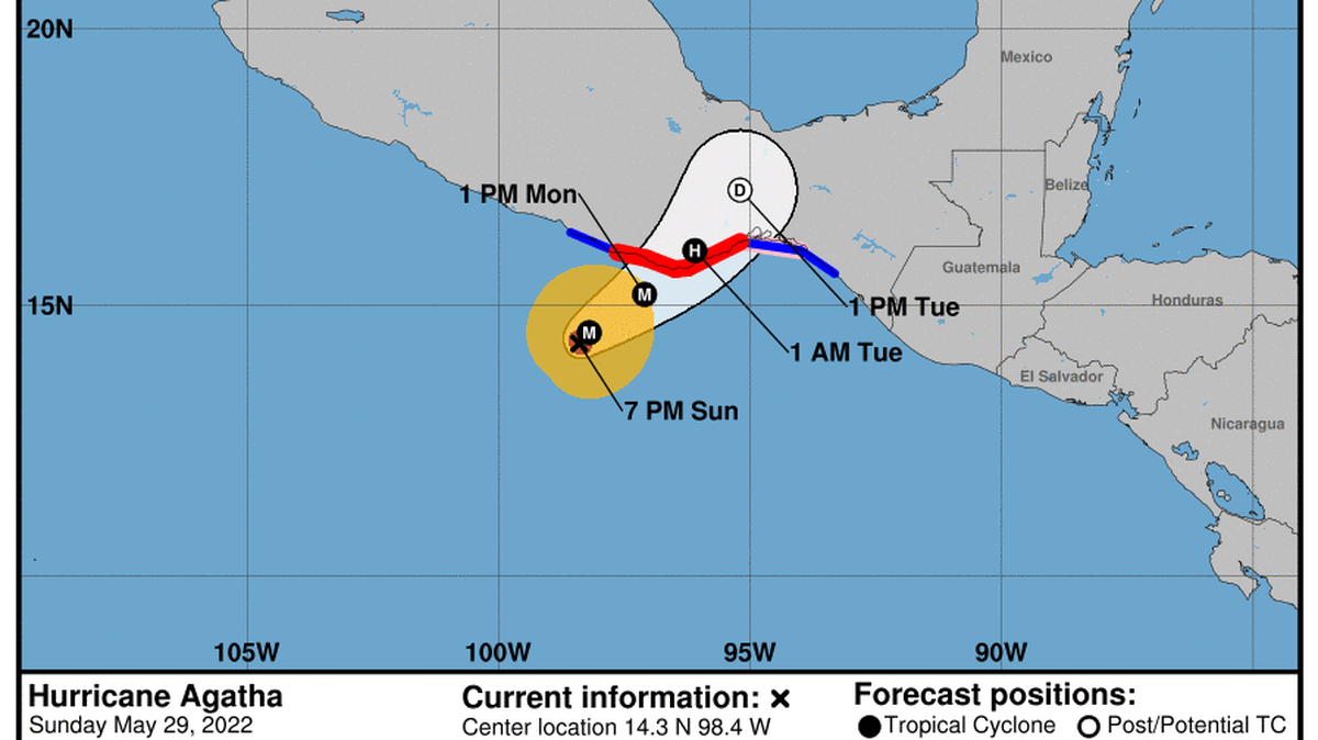 Extreme dangerous coastal flooding, large destructive waves, life-threatening hurricane-force winds, flash flooding and mudslides associated with Hurricane Agatha are forecast to develop over portions of southern Mexico from Sunday night through Tuesday, according to the National Hurricane Center.