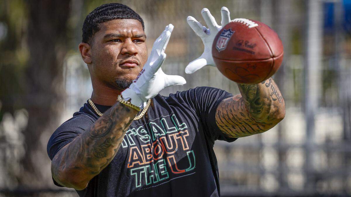 Former University of Miami football tight end Elijah Arroyo joins dozens of future NFL players as they train and learn how to master the 40-yard dash and other  drills so they can improve their draft standing in the NFL Combine. They are receiving coaching at Pete Bommarito’s Performance, in Miami, Florida on Wednesday, February 12, 2025. 