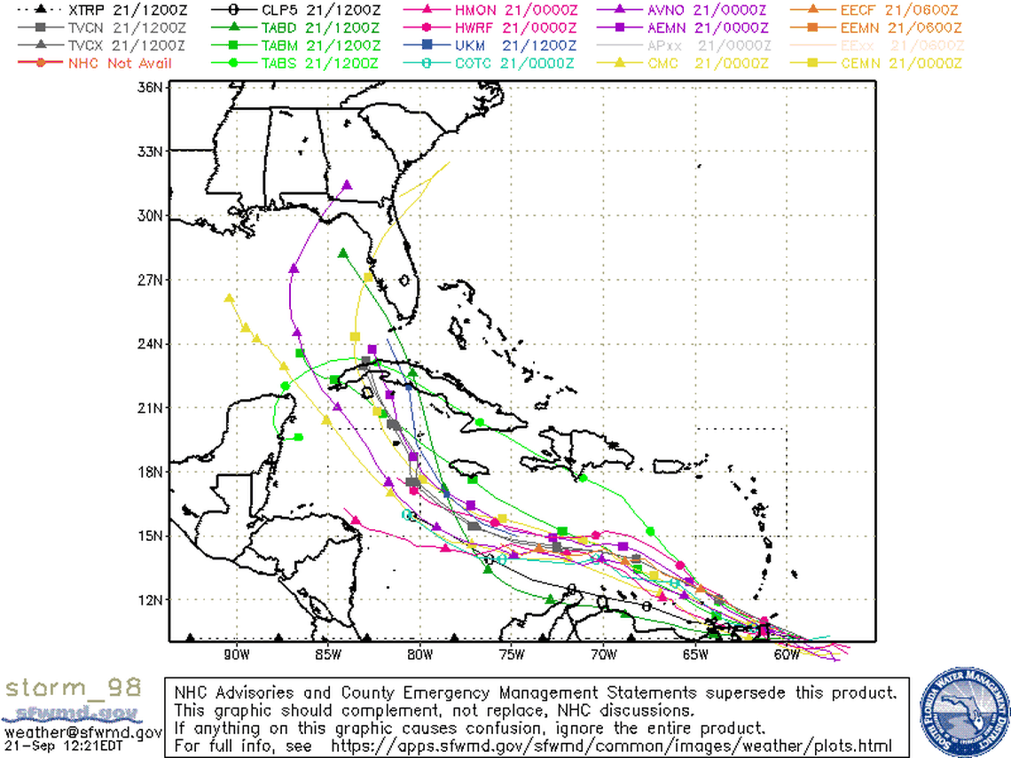 Multiple computer models that project possible storm paths suggest that invest 98 could develop into the next tropical storm of the season and head west into the Caribbean Sea. This array of models, from Wednesday morning, is a one-time prediction and will shift. It is not official guidance from the National Hurricane Center.