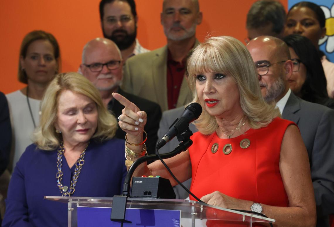 Miami-Dade School Board Member Mari Tere Rojas discusses the district’s A rating from the state on Thursday, July 7, 2022, at the Miami-Dade iPrep Academy building in downtown Miami. “A big thank you to our students and our parents,” said Rojas.