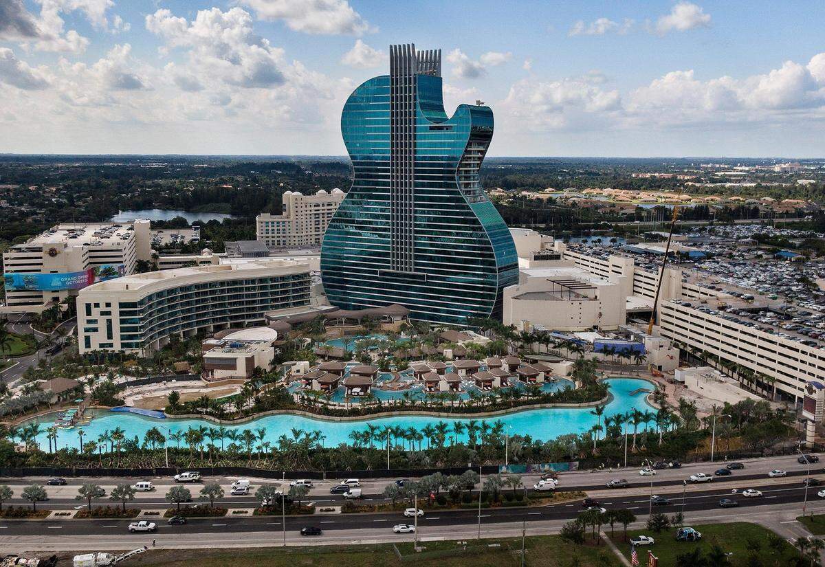 A guitar-shaped hotel tower anchors the remade and expanded Seminole Hard Rock Hotel & Casino near Hollywood.