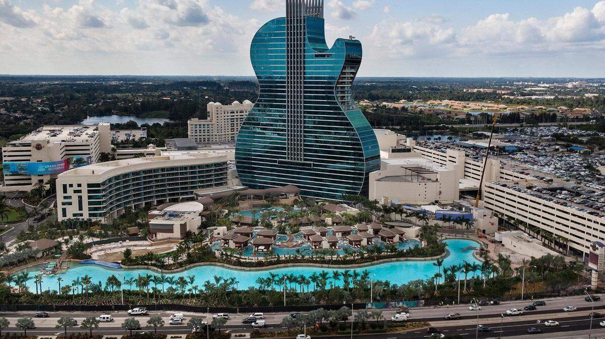 A guitar-shaped hotel tower anchors the remade and expanded Seminole Hard Rock Hotel & Casino near Hollywood.