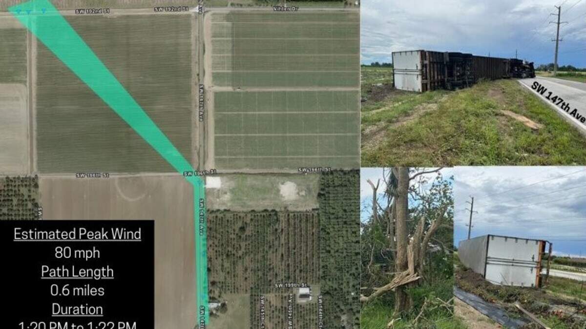 A short-lived tornado with up to 80 mph winds snapped trees, knocked a tractor trailer on its side and injured a trucker in Southwest Miami-Dade on May 25, 2023, according to the National Weather Service in Miami.