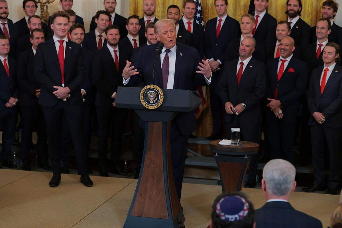 WASHINGTON, DC - JANUARY 15: U.S. President Donald Trump speaks during a ceremony to honor the 2025 Stanley Cup Champion Florida Panthers in the East Room of the White House on January 15, 2026 in Washington, DC. The Florida Panthers defeated the Edmonton Oilers for the second straight year in their first-ever championships since joining the NHL in 1993. (Photo by Anna Moneymaker/Getty Images)
