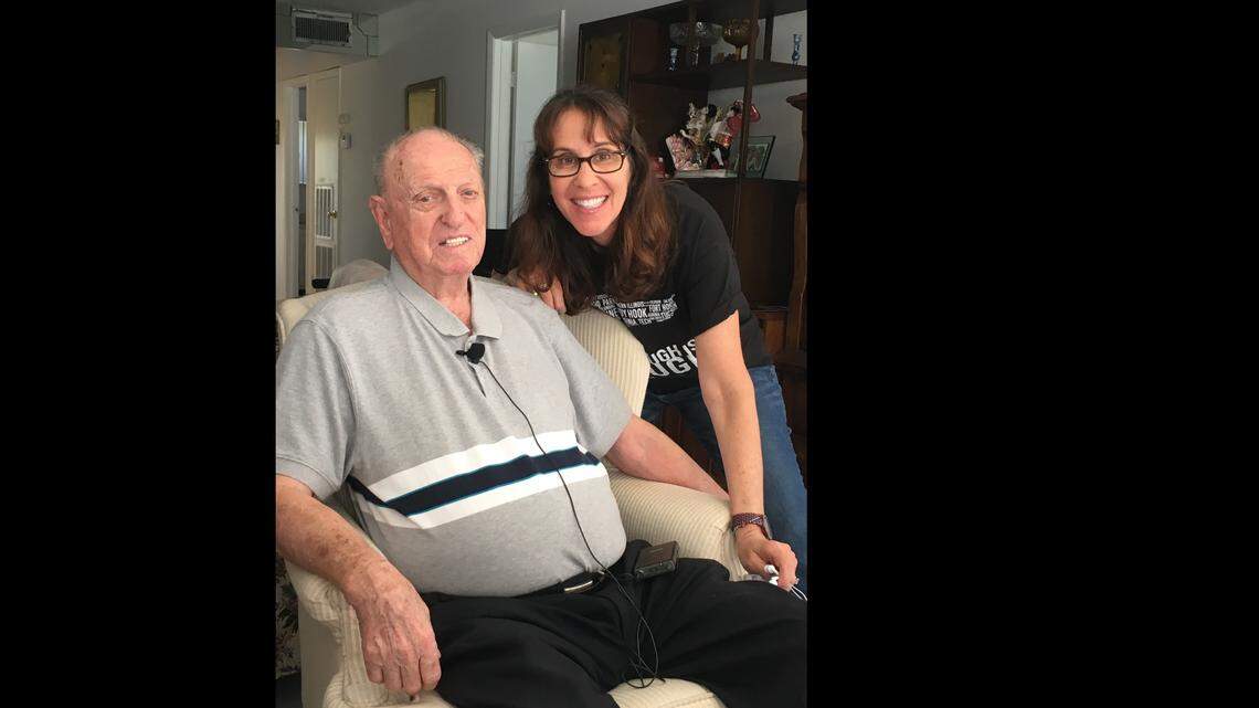 Marjory Stoneman Douglas High School teacher Ivy Schamis, right, poses for a photo with Holocaust survivor Leon Schagrin, who lives in Sunrise. Schamis teaches a course about the history of the Holocaust and became friends with Schagrin about five years ago.