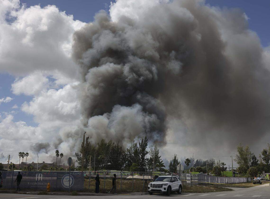 Smoke billows out during a warehouse fire on Thursday, March 5, 2026, in unincorporated Miami-Dade.