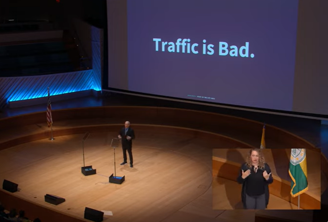 Miami Beach Mayor Dan Gelber talks about traffic during his State of the City address at the New World Center on Jan. 31, 2023.