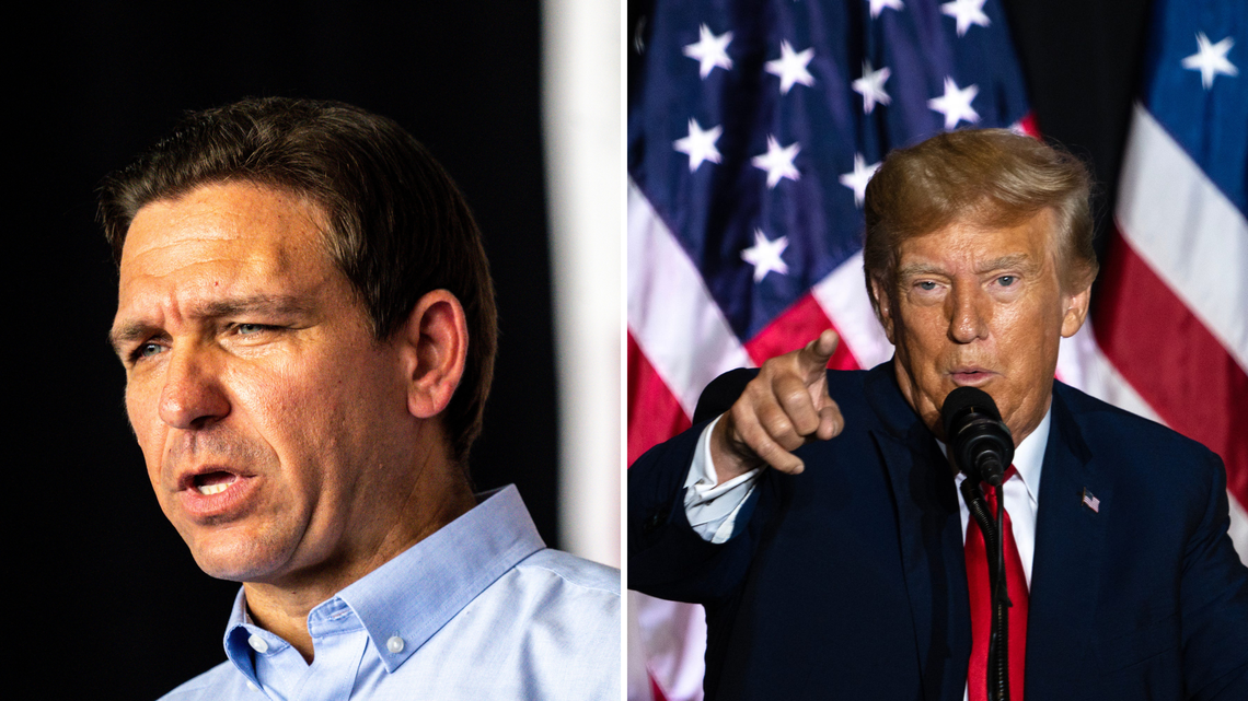 Florida Gov. Ron DeSantis and former president Donald Trump campaigning in Iowa this month. DeSantis appears at Operation Top Nunn: Salute to the Troops at Ankeny Regional Airport on July 15. Trump speaks at the Mid-America Center in Council Bluffs on July 7.