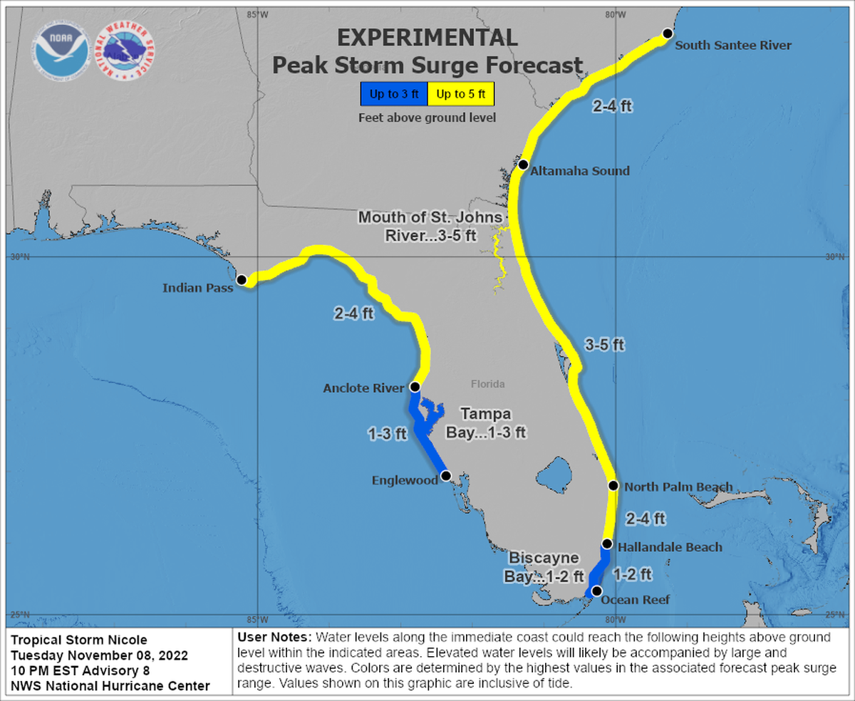 The National Hurricane Center predicts Tropical Storm Nicole will bring up to 5 feet of storm surge to parts of Florida.