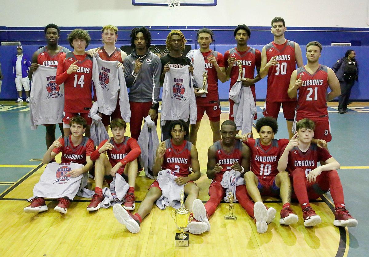 Cardinal Gibbons Chiefs pose for the picture after the victory against South Plantation Paladins during the BCAA Boys Big 8 2023 Basketball championship game on Saturday, February 4, 2023 at Fort Lauderdale HS in Fort Lauderdale. Andrew Uloza / for Miami Herald