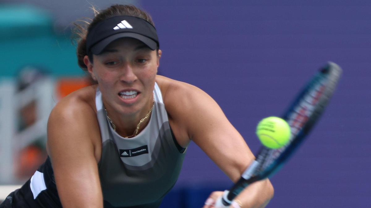 American tennis player Jessica Pegula (ranked 3) returns the ball while playing against Polish tennis player Magda Linette (ranked 19) during the Miami Open at Hard Rock Stadium in Miami Gardens, Florida on Monday, March 27, 2023.