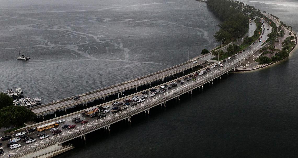 Miami Police closed eastbound lanes on the Rickenbacker Causeway during morning rush hour after a cyclist was shot on Wednesday morning in Miami, August 14, 2019.