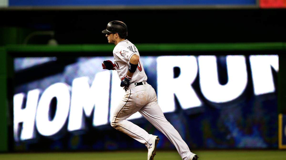 Marlins short stop JT Riddle hits a solo home run, in the eight inning of the Miami Marlins vs Tampa Bay Rays game at Marlins Park  Wednesday, July 04, 2018.