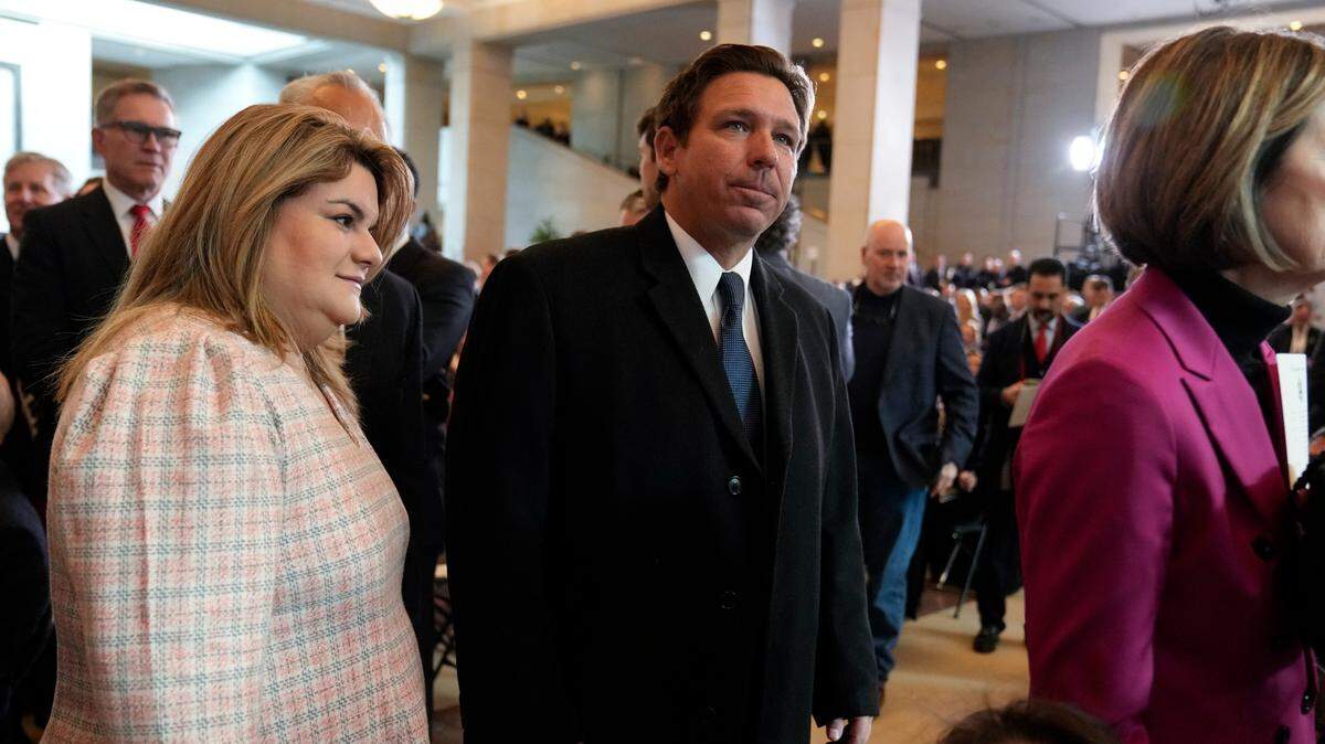 Florida Gov. Ron DeSantis (R) is seen in an overflow room for President-elect Donald Trump’s Inauguration ceremony in Emancipation Hall of the U.S. Capitol in Washington on Jan. 20. 