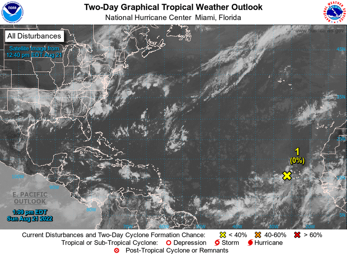 Located just west of the Cabo Verde Islands, a tropical wave is producing disorganized showers and thunderstorms, the National Hurricane Center said in its 2 p.m. bulletin on Sunday, Aug. 21, 2022.