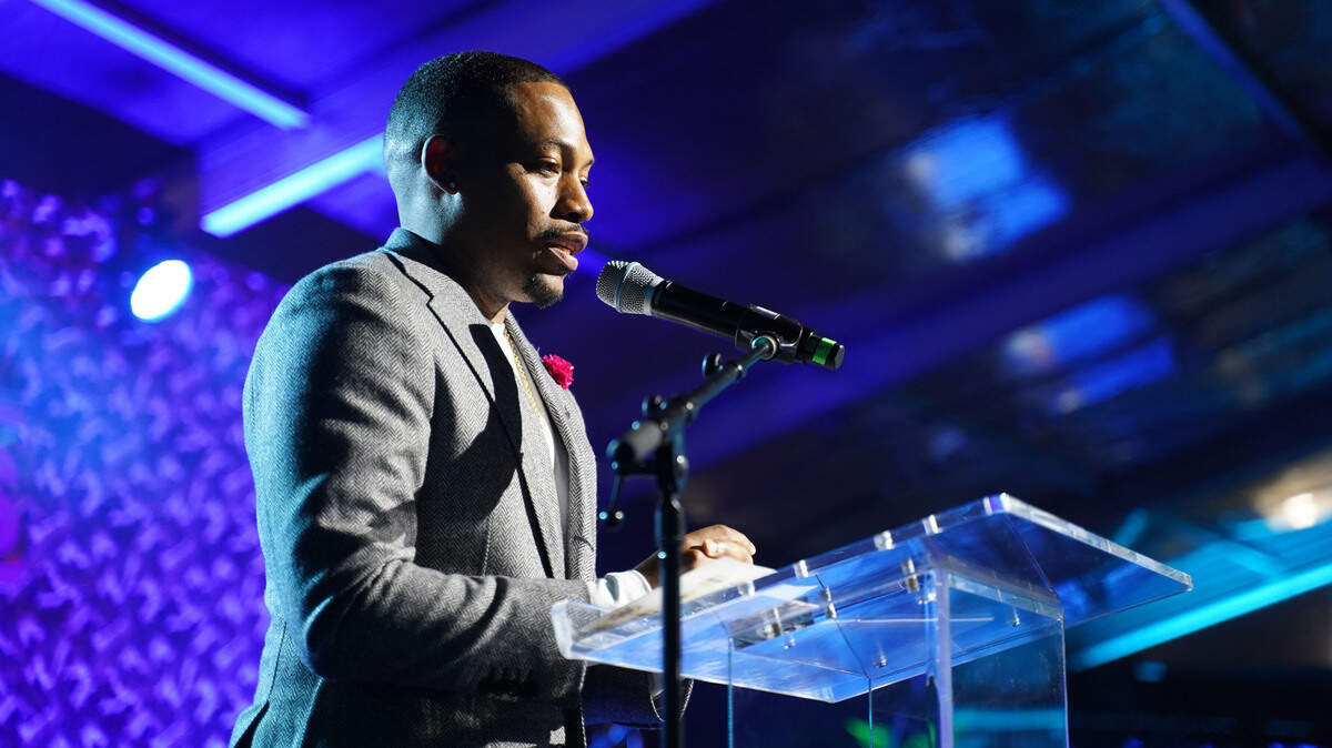 Miami-based architect and artist Germane Barnes accepts the Arison Award at the YoungArts Miami Gala.