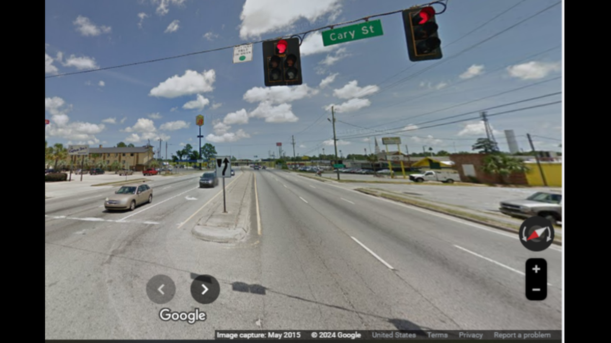 The stolen car was traveling with only three wheels with an officer saw it at this intersection around 5 a.m. July 15, the Glynn County Police Department reports.