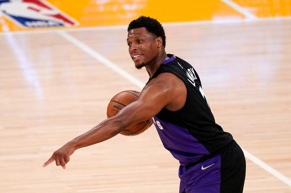 Toronto Raptors guard Kyle Lowry gestures during the second half of an NBA basketball game against the Los Angeles Lakers on Sunday, May 2, 2021, in Los Angeles.