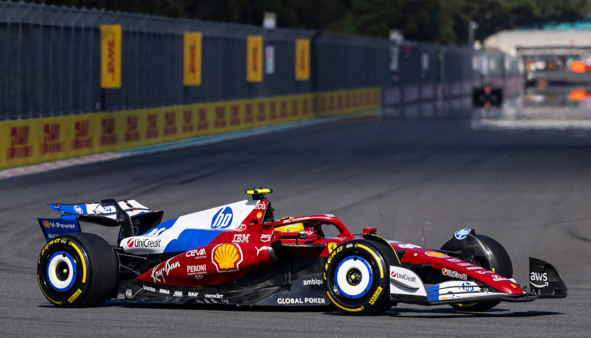 Scuderia Ferrari driver Lewis Hamilton of Britain takes a turn during the Sprint Qualifying session on the first day of the Formula One Miami Grand Prix at the Miami International Autodrome on Friday, May 2, 2025, in Miami Gardens, Fla.
