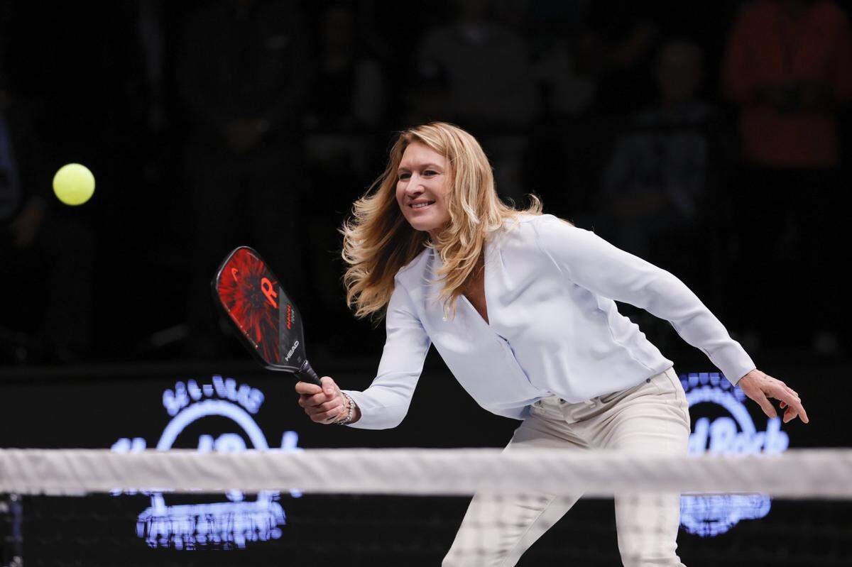 Apr 2, 2023; Hollywood, FL, USA; Former professional tennis player Steffi Graf returns a shot during the Pickleball Slam at Hard Rock Live at Seminole Hard Rock Hotel & Casino. Mandatory Credit: Sam Navarro-USA TODAY Sports