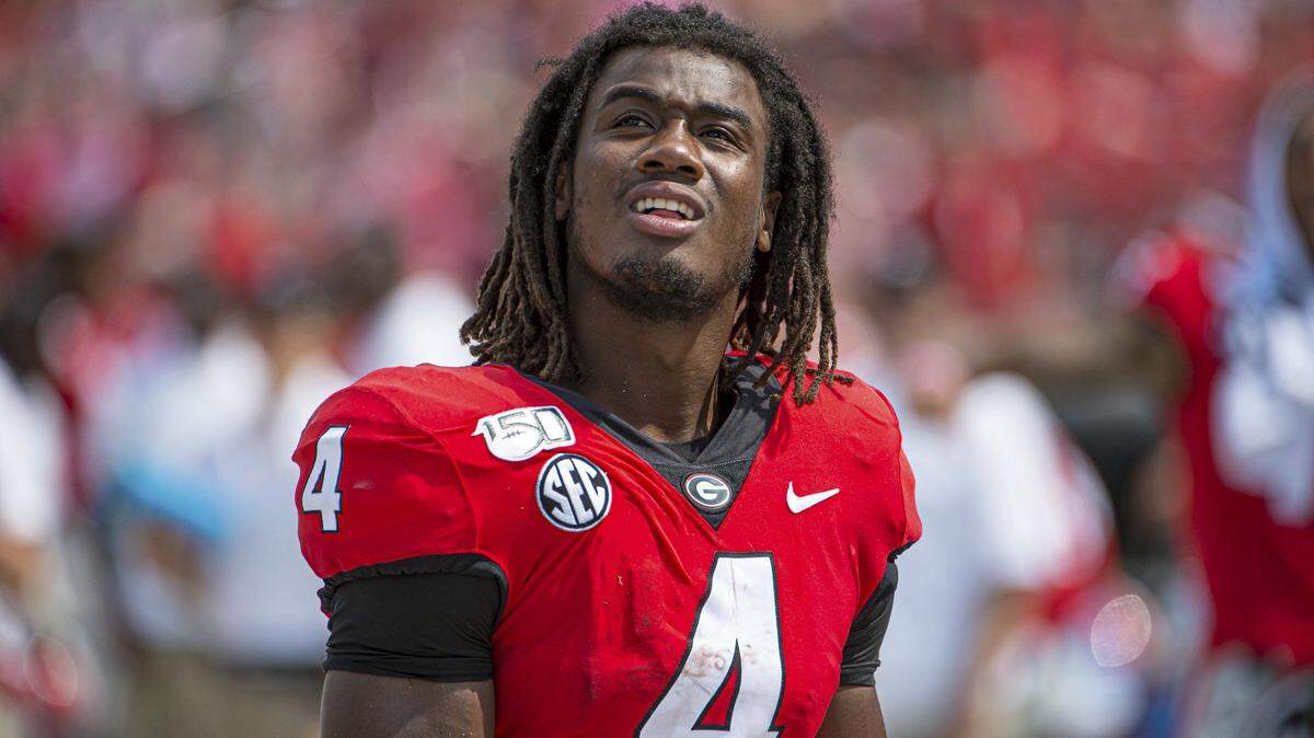 ATHENS, GA - SEPTEMBER 14: Georgia Bulldogs running back James Cook (4) during the game between the Arkansas State Red Wolves and the Georgia Bulldogs on September 14, 2019, at Sanford Stadium in Athens, GA. (Photo by John Adams/Icon Sportswire) (Icon Sportswire via AP Images)