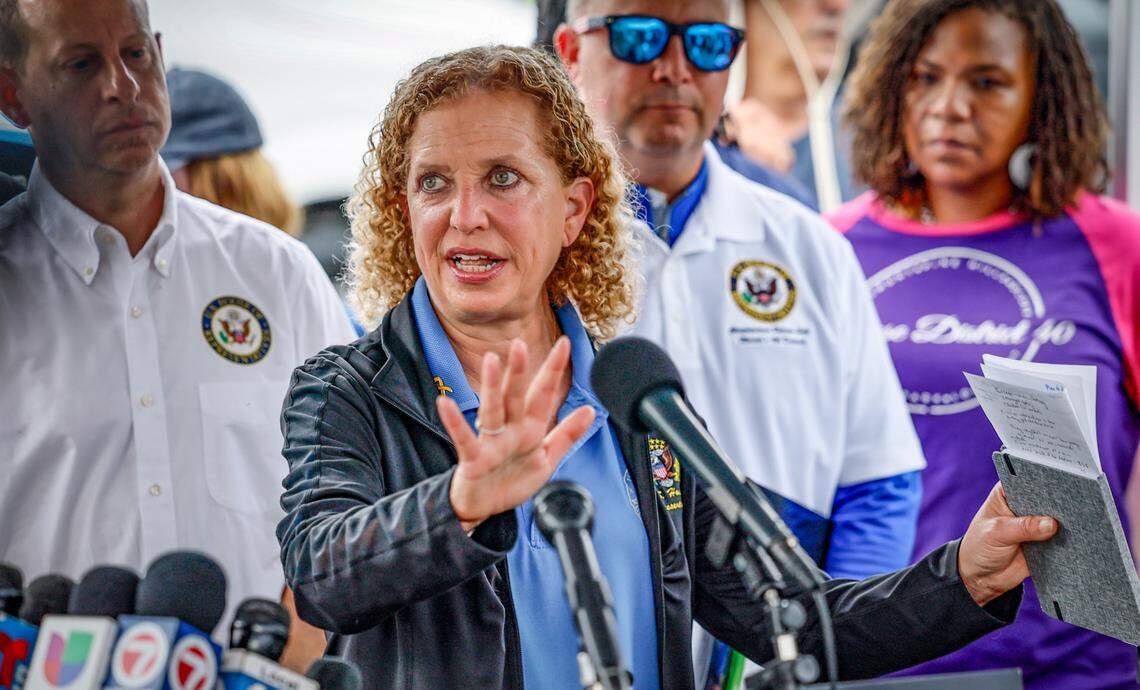 U.S. Representative Debbie Wasserman Schultz speaks to reporters during a press conference after touring Alligator Alcatraz. The facility is within the Florida Everglades, 36 miles west of the central business district of Miami, in Collier County, Florida Saturday, July 12, 2025.
