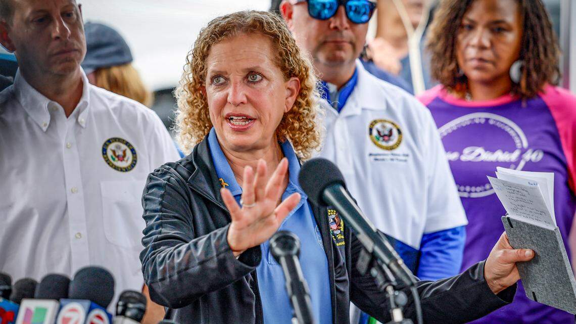 U.S. Representative Debbie Wasserman Schultz speaks to reporters during a press conference after touring Alligator Alcatraz. The facility is within the Florida Everglades, 36 miles west of the central business district of Miami, in Collier County, Florida Saturday, July 12, 2025.