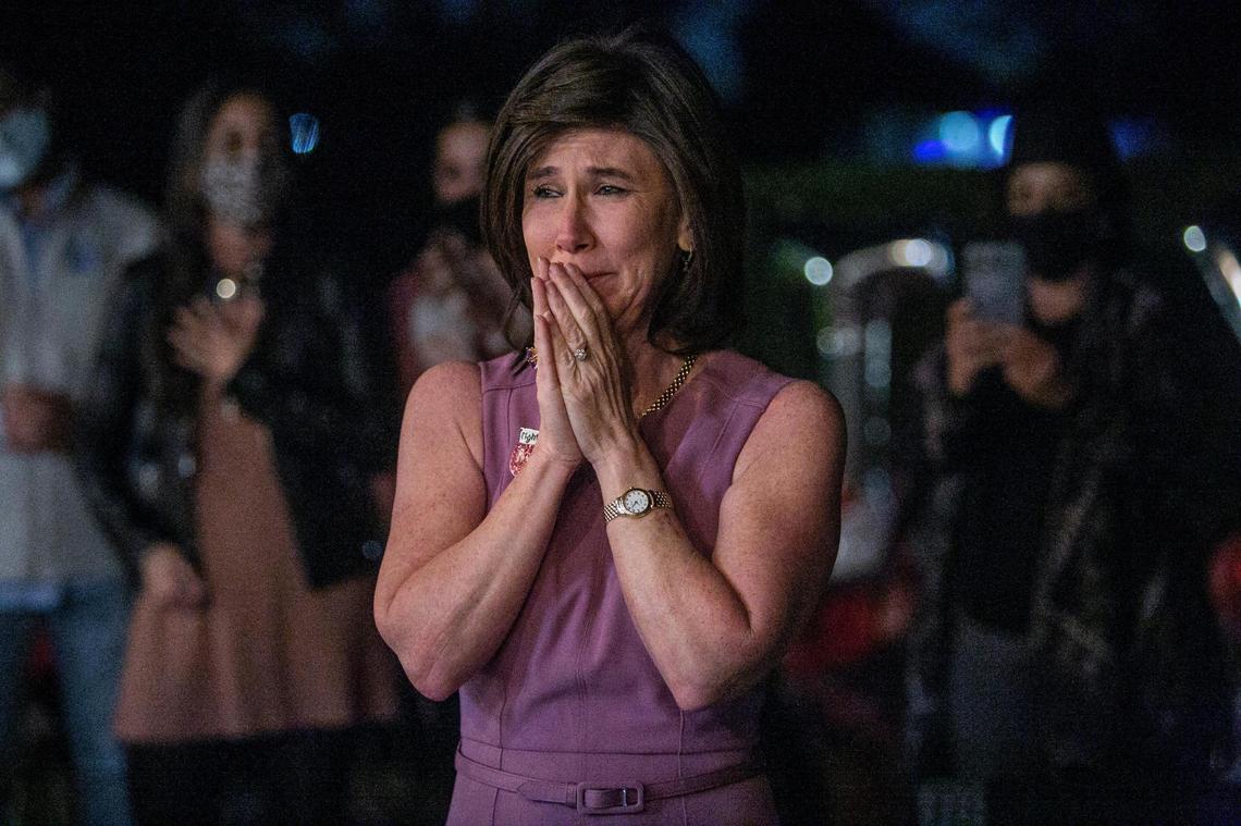Teresa Murphy reacts after being named the 2022 Francisco R. Walker Teacher of the Year for Miami-Dade County Public Schools on February 4, 2021.