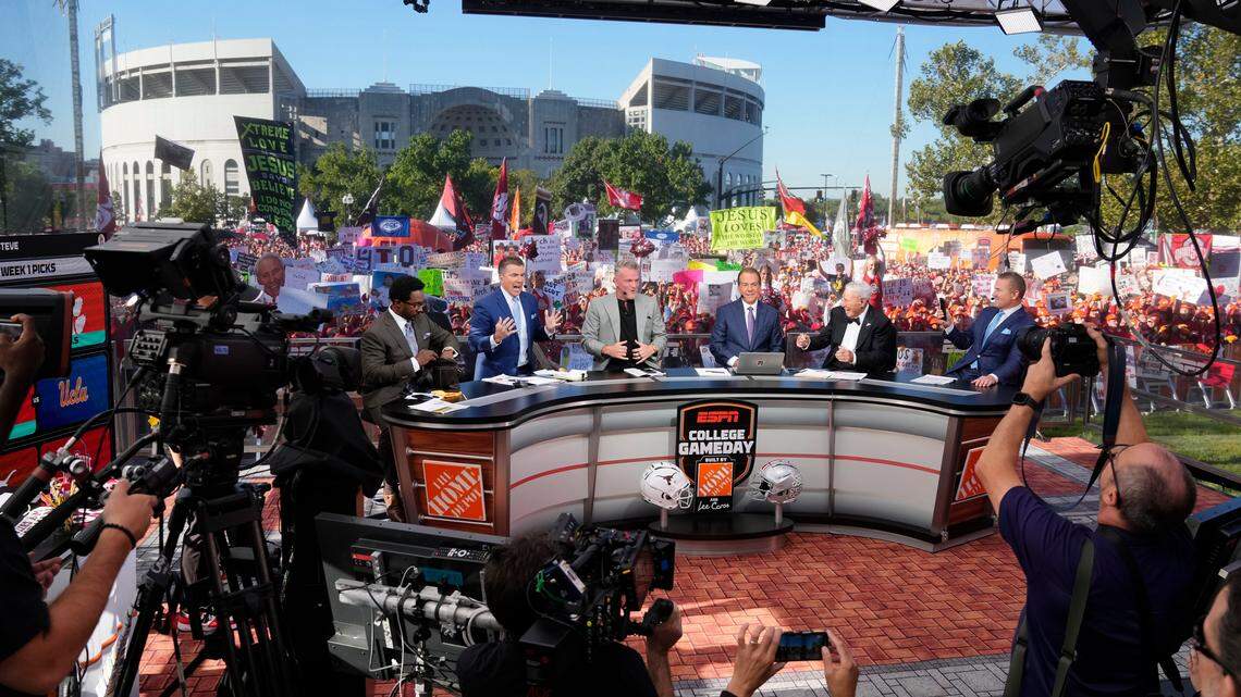 The cast of ESPN College GameDay begins their show prior to the NCAA football game between the Ohio State Buckeyes and the Texas Longhorns at Ohio Stadium on Aug. 30, 2025. The show is the final one for Lee Corso.