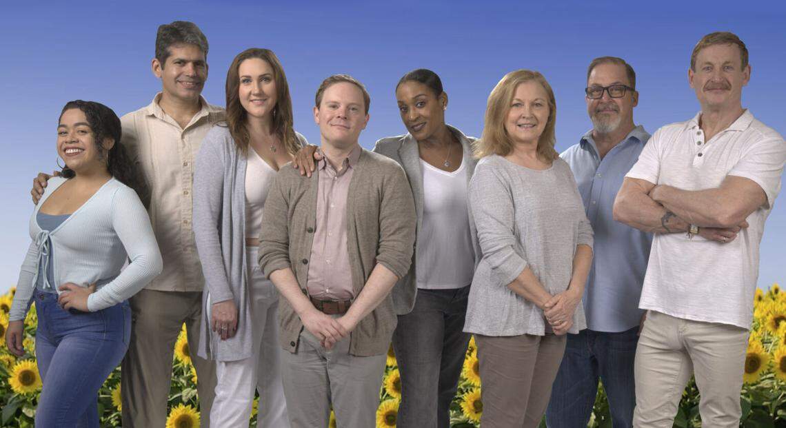 Stephanie Vazquez, Carlos Alayeto, Lindsey Corey, Alex Weisman, Lela Elam, Laura Turnbull, Stephen Trovillion and Aloysius Gigl in the world premiere of Michael McKeever’s ‘American Rhapsody’ at the Arsht Center.