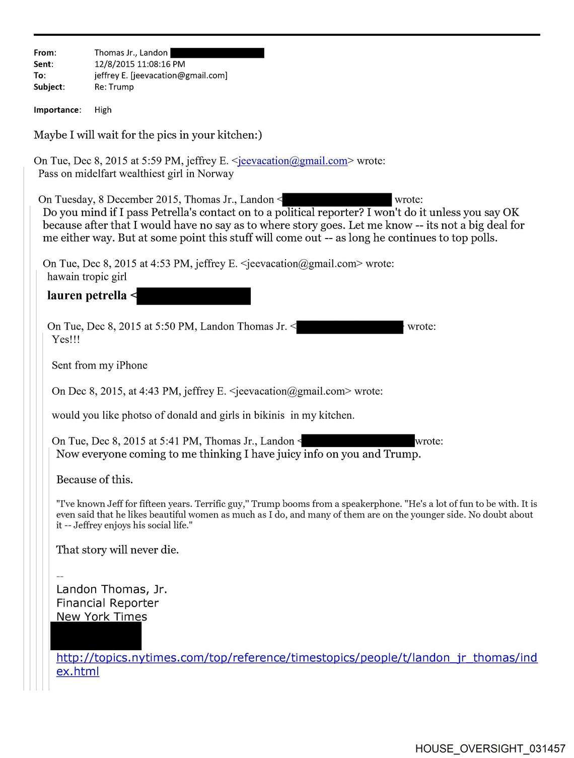 An exchange between Jeffrey Epstein and journalist Landon Thomas Jr. that was among the documents released by the House Oversight Committee investigating Epstein’s crimes.