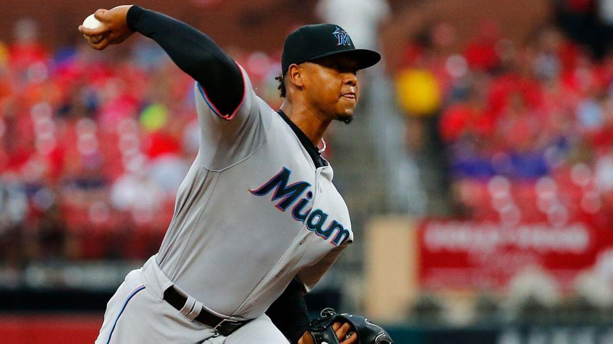 Elieser Hernandez delivers a pitch against the St. Louis Cardinals in the first inning at Busch Stadium on Monday, June 17, 2019, in St. Louis, Missouri