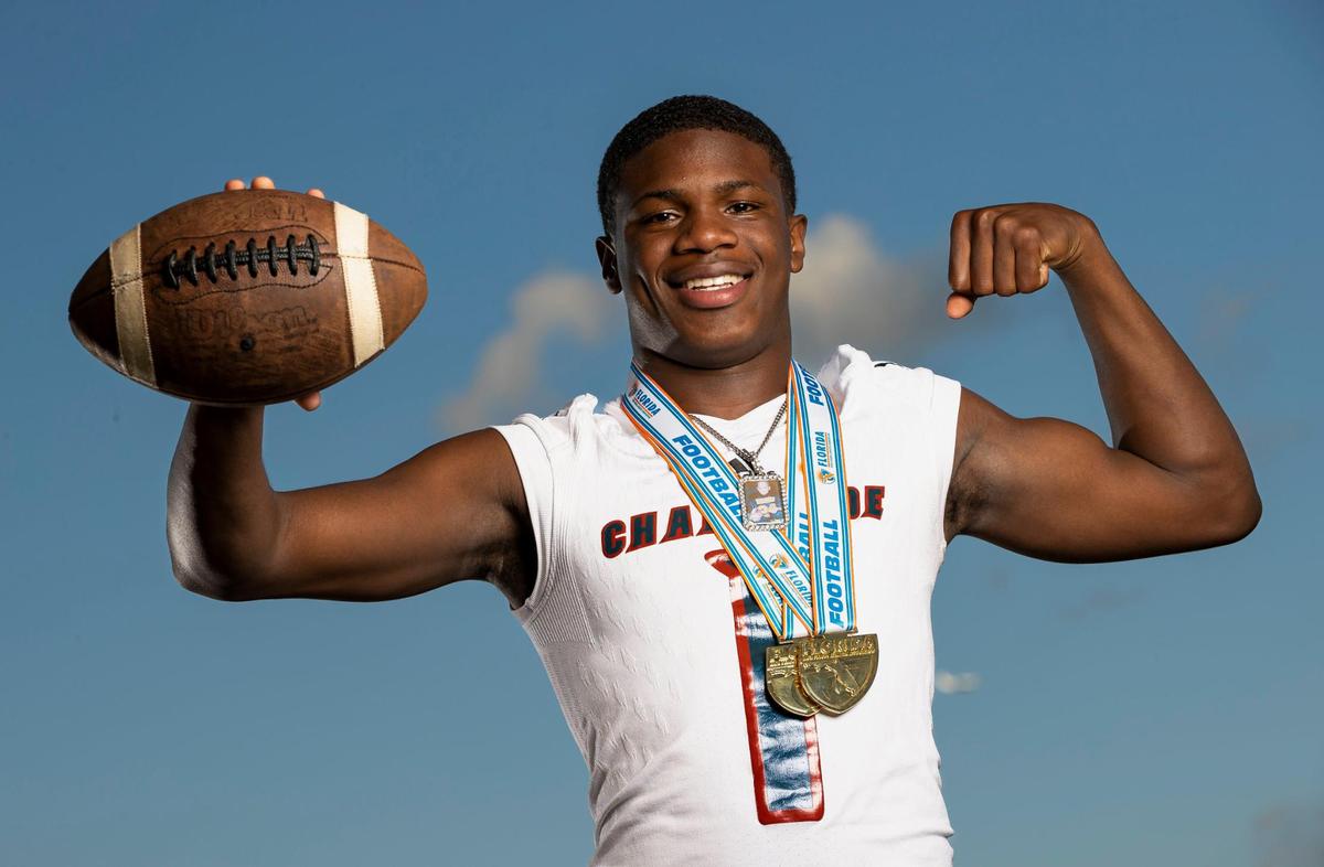 Joshisa Trader, Chaminade-Madonna College Preparatory School, Football. All-Broward players photographed at Brian Piccolo Sports Park on Thursday, Jan. 12, 2023, in Cooper City, Fla.