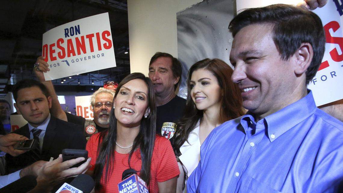 Republican nominee for the Florida governor, Ron DeSantis, introduces his running mate, Jeanette Nuñez, at a rally where Republican nominees for the 2018 election gathered in downtown Orlando, Thursday, Sept. 6, 2018.