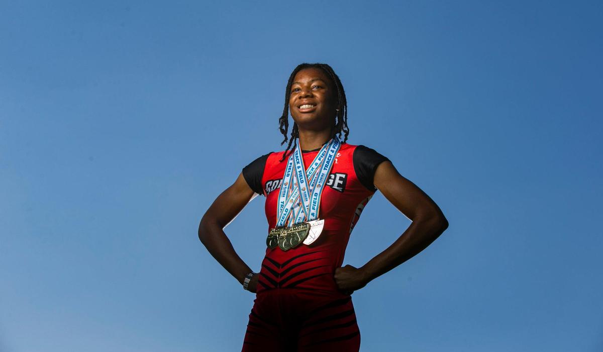 Dade Track and Field Player of the Year Alyssa Jones, from Miami Southridge Senior High School, is photographed at A.D. Barnes Park in Miami, Florida on Wednesday, May 18, 2022.