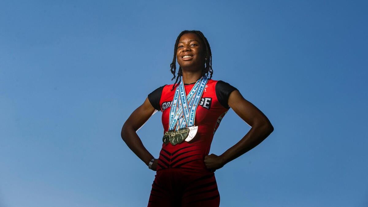 Dade Track and Field Player of the Year Alyssa Jones, from Miami Southridge Senior High School, is photographed at A.D. Barnes Park in Miami, Florida on Wednesday, May 18, 2022.