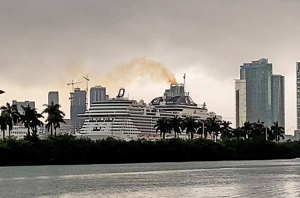 From his home on Palm Island, Tom Sullivan spotted the MSC Meraviglia cruise ship spewing exhaust while docked at PortMiami on Feb. 16, 2021. MSC Meraviglia is equipped to be able to turn off its engine and plug in while in port, but PortMiami doesn’t have shore power.