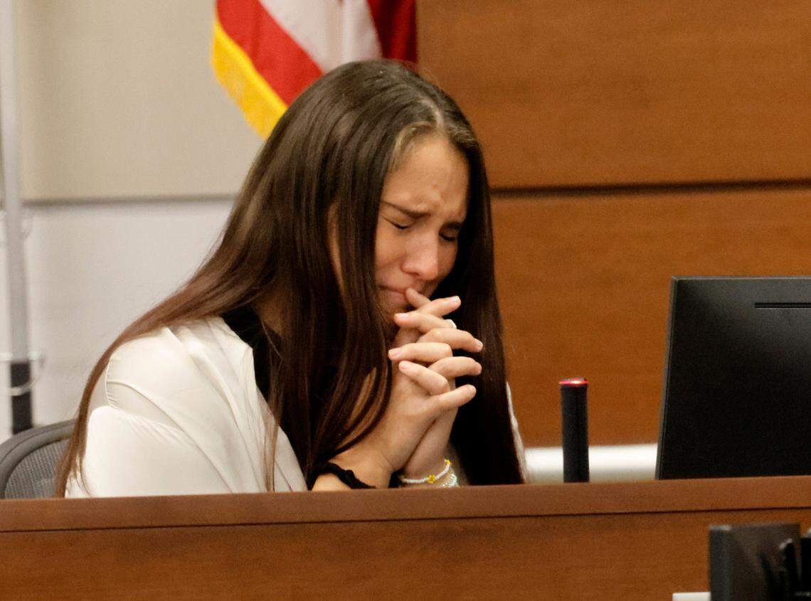 Danielle Gilbert, who was a student at Marjory Stoneman Douglas High School, cries on the witness stand during the first week of the sentencing trial for confessed killer Nikolas Cruz.