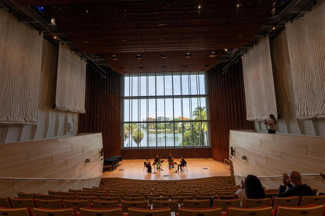 Performers on stage inside the concert hall in the Knight Center for Music Innovation at the University of Miami.