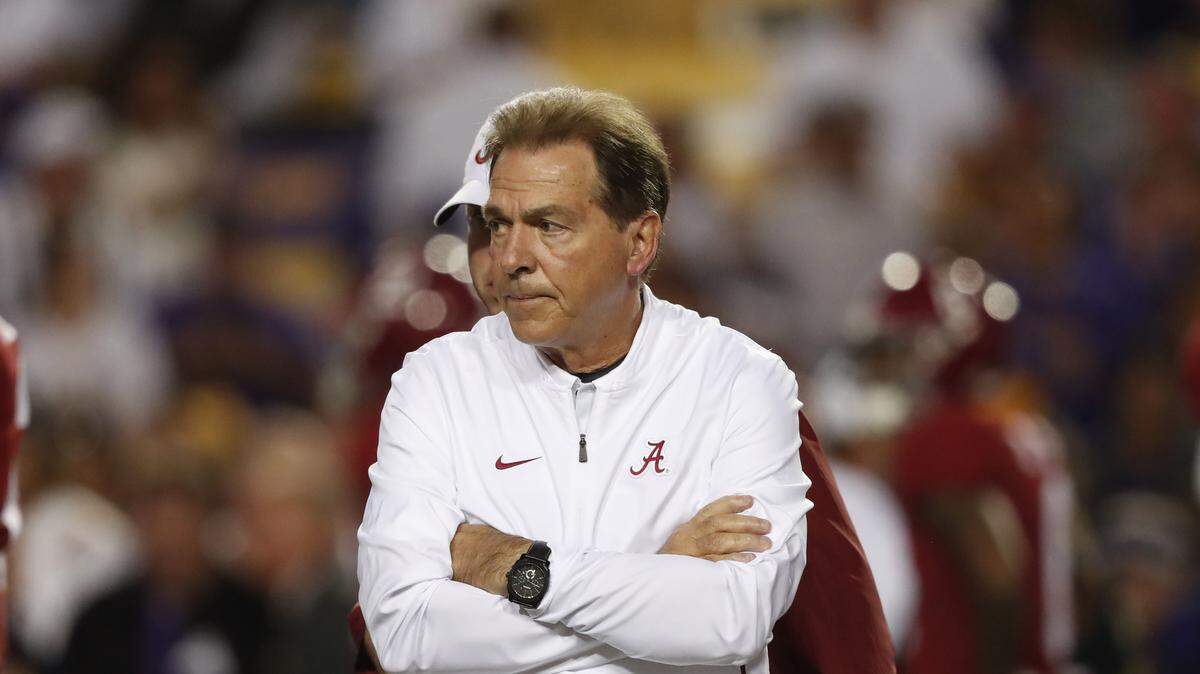 Alabama head coach Nick Saban walks on the field before an NCAA college football game against LSU in Baton Rouge, Louisiana, on Nov. 3, 2018.