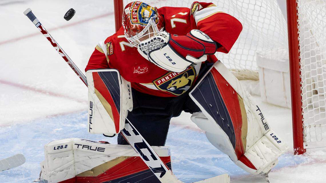 Florida Panthers goaltender Sergei Bobrovsky (72) blocks a shot against Toronto Maple Leafs in the third period of their NHL game at the Amerant Bank Arena on Thursday, Oct. 19, 2023, in Sunrise, Fla.